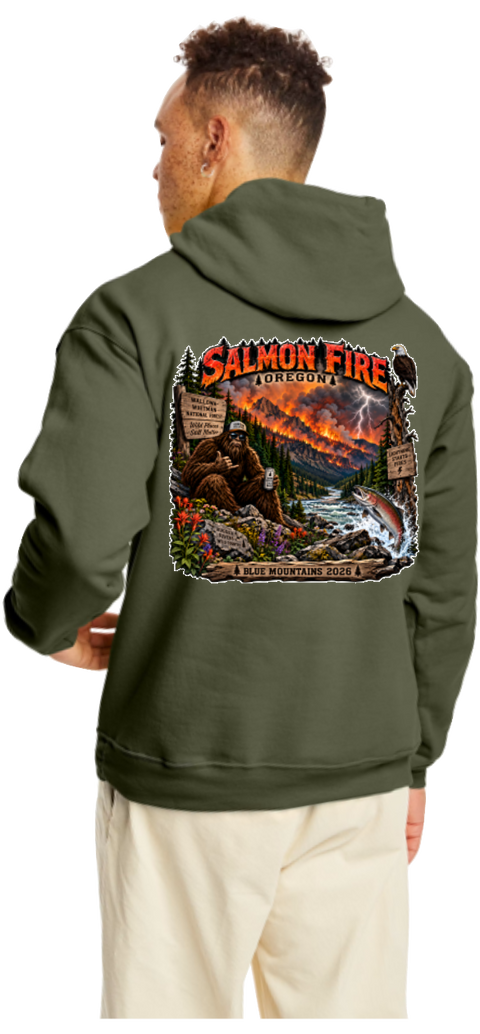 Salmon Fire 2026 Hoodie – Blue Mountains, OR | Bigfoot, Salmon & Bald Eagle