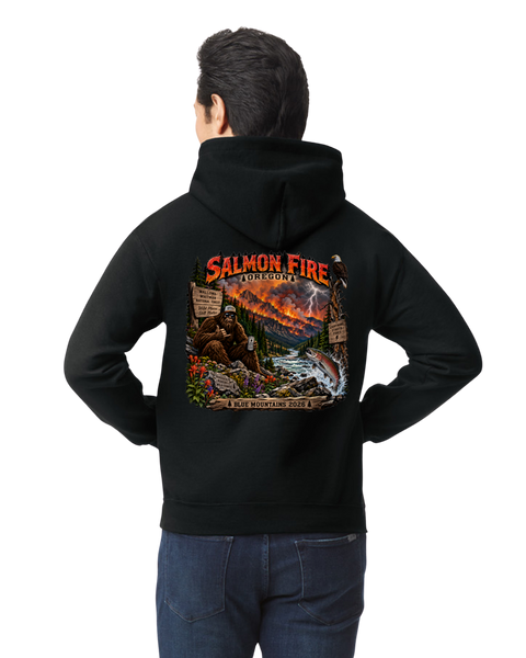 Salmon Fire 2026 Hoodie – Blue Mountains, OR | Bigfoot, Salmon & Bald Eagle